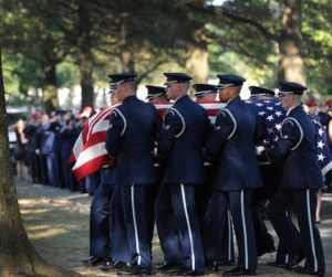 Air Force Honor Guard pallbearers carry the remains of Capt. Matthew Roland to his final resting place at Arlington National Cemetery, Va., Sept. 18, 2015. Roland was fatally wounded in an attack near a vehicle checkpoint at Camp Antonik, a forward operating base in Helmand Province, Afghanistan. Roland was a special tactics officer at the 23rd Special Tactics Squadron, Hurlburt Field, Fla. (U.S. Air Force photo/Staff Sgt. Nichelle Anderson) 